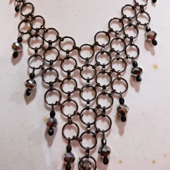 Handmade Gunmetal Rings Black Hematite Bead Bib Statement Necklace Tassel Fringe - Picture 6 of 12